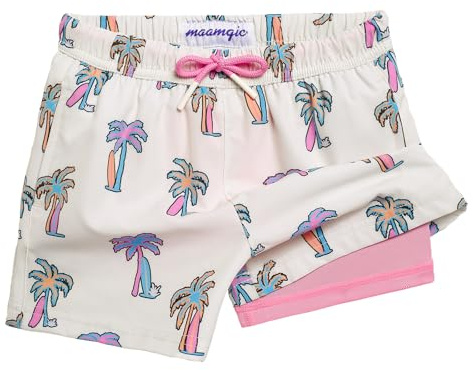 maamgic Boys Swim Trunks with Compression Liner Quick Dry Swim Shorts Anti-Chafe Boy Bathing Suit with Boxer Brief Toddler Swimsuit Coconut White 8