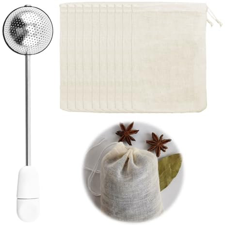Passoire à thé, 1 infuseur à thé en acier inoxydable 304 et 10 sachets à thé vides réutilisables rotatifs en maille fine diffuseur pour infuser les feuilles, les épices, les feuilles en vrac dans une