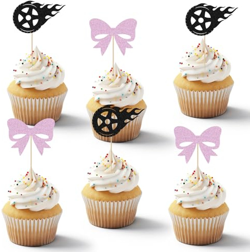 24 adornos para cupcakes con lazos o adornos para revelar el género, con purpurina, para cumpleaños, fiestas temáticas, baby shower, 24 ruedas de fuego o tapas de magdalenas con lazo