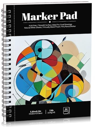 50 Sheets Marker Paper Pad, A5 Bleedproof Art Sketch Pad, 73lb/120gsm Drawing Paper Spiral Sketch Book, Alcohol Marker Paper Painting Coloring Paper for Beginners, Artists, Gift