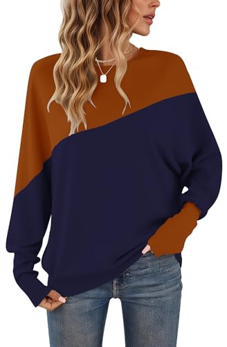 WNEEDU Camisa de Manga Larga para Mujer Cuello Redondo Patchwork Sudadera de Color puños Ajustados Jersey para Mujer Azul Marino Caramelo L