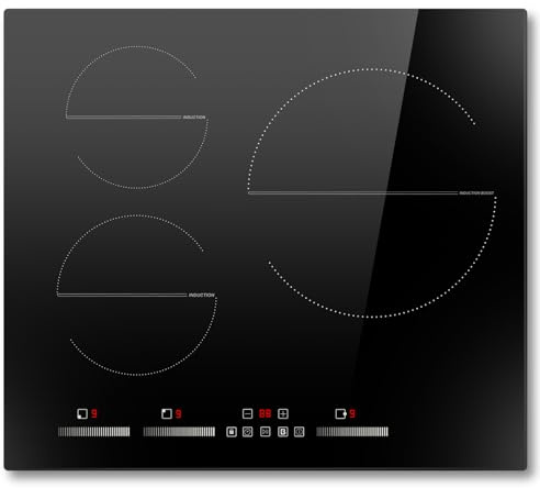 Placa inducción 3 Fuegos 6500w, 60cm, Vitroceramica Induccion Empotrable de Función Boost, con 9 Niveles de Potencia, Temporizador, Función de Pausa, Bloqueo de Seguridad, Encimera Induccion 220V~240V
