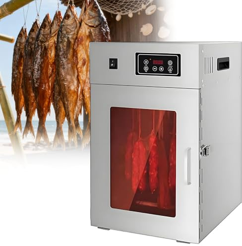 WTRYRN Déshydrateur Alimentaire en Acier Inoxydable 800 W - Séchoir à Viande Rotatif à 360° avec 14 Crochets, température de 30 à 90 °C et minuterie numérique 24 h, capacité de 7,5 kg pour saucisses