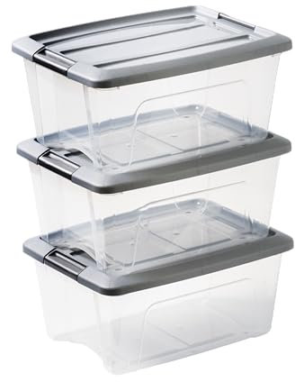 Iris Ohyama Aufbewahrungsboxen mit Deckel, 15L, 3er-Set, Silber, Sicherer Verschluss, Stapelbar, Griffe, Schlafzimmer, Schrank, Büro, Organisation, BPA-freies Plastik, Ordnungsboxen, NTB-15