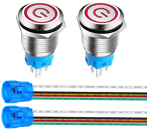 Gebildet 2pièces 16mm Acier Inoxydable Verrouillage Bouton Poussoir Interrupteur, LED de Symbole d'alimentation 12V-24V 5A Interrupteur à Levier Étanche avec Fiche à Douille (LED Rouge)