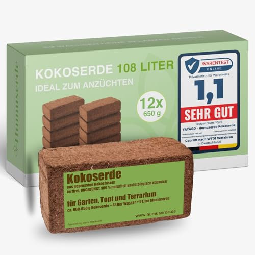 Humuserde I Kokoserde für Pflanzen 12 x 650g - 108L Kokoserde I Erde aus Kokosfasern I 100% natürlich & biologisch abbaubar I nährstoffarme Anzuchterde torffrei & ungedüngt für Hochbeete & Terrarien