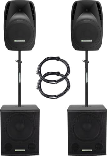 Pronomic 215S-212A Sistema PA Activo - Set PA Activo con 2 subwoofers de 15 y 2 satélites de 12 - 1000 vatios Potencia Total (RMS) - Incluye Tubos de Distancia y Cables de 2,5 m