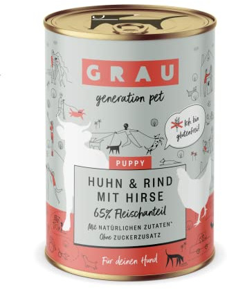 GRAU Våtfoder med kyckling, nöt och hirs för hundvalpar, glutenfritt, originalprodukt, 6-pack (6 x 400 g)