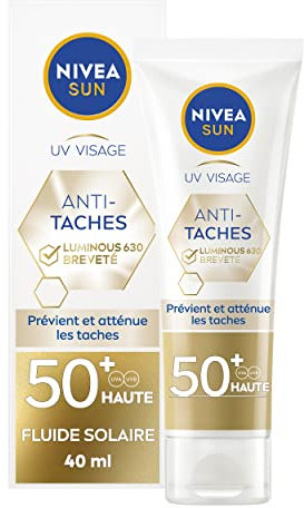 NIVEA SUN Fluide UV visage Luminous 630 FPS 50+ (1 x 40 ml), Protection solaire anti taches à la formule légère et non grasse, Soin visage anti-âge protecteur quotidien