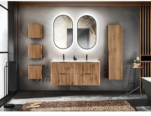 Lomadox Badmöbel Set 7-teilig Schwarze Rillen Doppelwaschtisch 120 cm Unterschränke Keramik Waschbecken LED Spiegel Hängeschränke quadratisch anthrazit mit Eiche Nb.