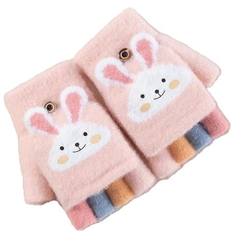 FUNLOV Children Flip Cover Half Finger Gloves Kids Winter Knitted Warm Glove Cute Cartoon Bunny Fingerless Mittens with Flip Top Suitable for 6-12 Kid (Light pink)