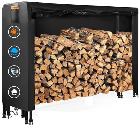 DOCEPERT Kaminholzregalabdeckung für den Außenbereich (Holzregal nicht im Lieferumfang enthalten) – 2,4 m wasserdichte Abdeckung mit Reißverschluss und zu öffnender Frontklappe, 420D Oxford-Gewebe