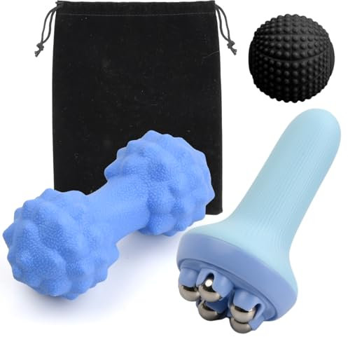 Granvoo Massageball 3er Set (Igelball Einzellball + Duoball + Handheld Faszienrolle), Faszienball, Triggerpunkt Massagegerät, Massagebälle, für Behandlung von Muskelverspannungen und Schmerzen (Blau)