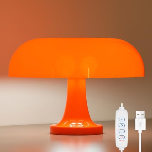 DIVEKID Lampe de chevet orange pour chambre à coucher, table de chevet rétro en forme de champignon avec 3 couleurs d'éclairage et 10 niveaux de luminosité, lampe de bureau pour salle de lecture/salon