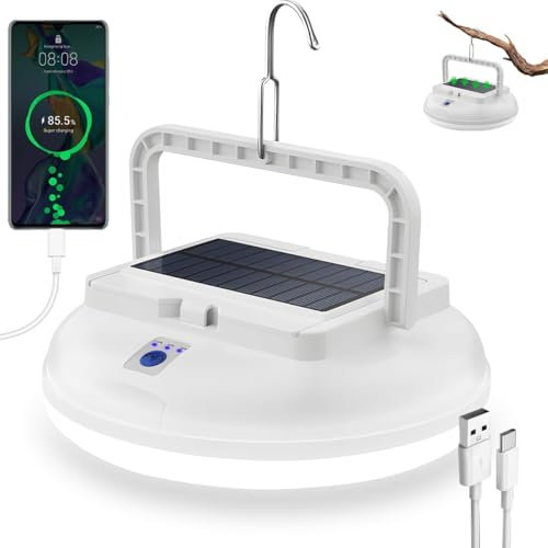 Lampada da campeggio LED solare con telecomando, lanterna da campeggio ricaricabile tramite USB, ultra luminosa 4500 lumen, 5 modalità di illuminazione per escursioni all'aperto (Bianco chiaro)