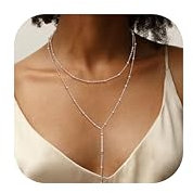 CASSIECA Layered Kette Damen Silber, Y Kette Silber Lange Halsketten für Frauen Trendige Lariat Y Geformt Perle Anhänger Halsketten Modeschmuck für Damen Geschenk