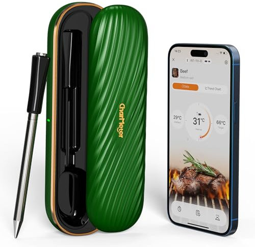 CharMeter Fleischthermometer Kabellos, 150m Reichweite Bluetooth 5.1, Bratenthermometer mit Smart App Rezepte, Digital Grillthermometer Porbe für Kochen, Backofen, Küche, BBQ, Grill