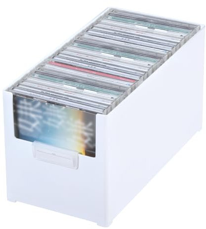 Rainmae CD Storage Box, Plastic Stackable CD Organizer, Holds 27 CDs, CD Storage Case Holder DVD Display Contanier Bin for Theater Room Desk Shelf Rack, White