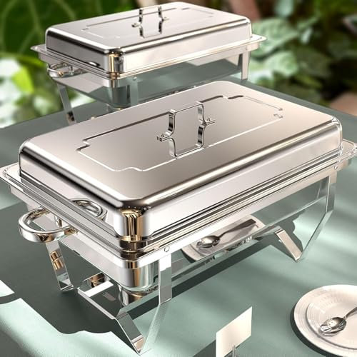 WUDLEP 2 Pack 10QT Chafing Dish Buffet Set, Stainless Steel Food Warmer Kit with Lids, Food Pans Food Warmers with Fuel Holders, Buffet Serving Utensils for Restaurant Catering Parties Weddings