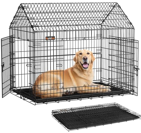 Feandrea Hundekäfig, Hundebox, 120 x 72,5 x 109 cm, Metall, Haustierkäfig faltbar, XXL, für große Hunde, mit Doppeltür, leicht zu reinigen, für Zuhause, Auto, tintenschwarz PPD015B01