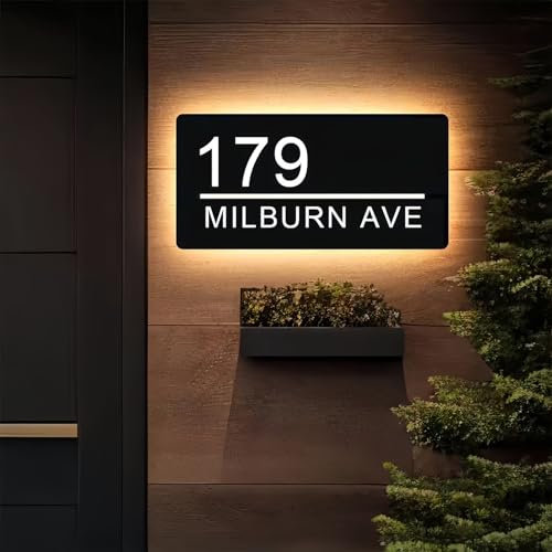 MEIEG Personalised House LED Sign Plaques, Custom Address Number Plate, 3D Acrylic Doors Sign Yard Illuminated Plaques 5.9 x 11.8inch