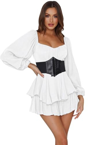 Odizli Pirate Costume Adult Women White Corset Dress Renaissance Viking Victorian Medieval Summer Elegant Off Shoulder Ruffle Hem Chiffon Mini Smock Romper Ladies Playsuits Short Jumpsuit White L
