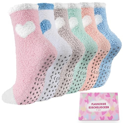 SukModen Calcetines de peluche para mujer, 6 pares, calcetines mullidos, cálidos, calcetines de peluche, calcetines mullidos, calcetines antideslizantes con puntos, calcetines de cama, calcetines de