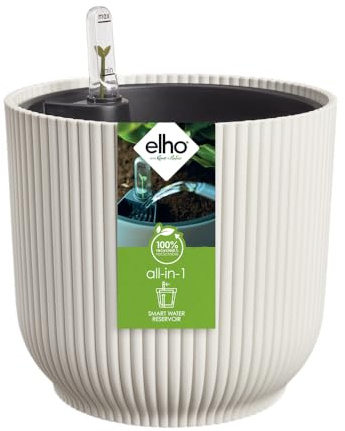 Elho All-in-1 Vibes Round 18 + Swi 17 - Vaso per Piante da Interno - 100% plastica riciclata - Ø 18 cm - Bianco/Linen White
