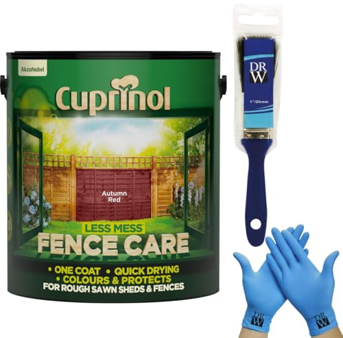 Cuprinol Less Mess Autumn Red Fence Care Stain 6L + Free 4 Inch Fence Paint Brush & Nitrile Gloves – One‑Coat Coverage, Quick Drying, Rich Colour & Low Odour