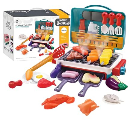Huxibai Grillset für Kleinkinder, Grill-Set für sensorische Nachahmung, mit spritzendem Klang und Licht, Simulationsküche für Kinder