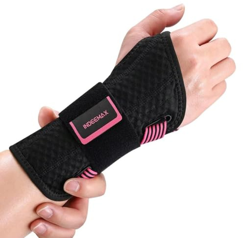 INDEEMAX Copper Carpal Tunnel Wrist Brace Night Support for Pain Relief, Adjustable Wrist Support Splint for Tendonitis, Sprain, Strain, Right Hand Brace for Arthritis (Rose Pink/Black,S/M)