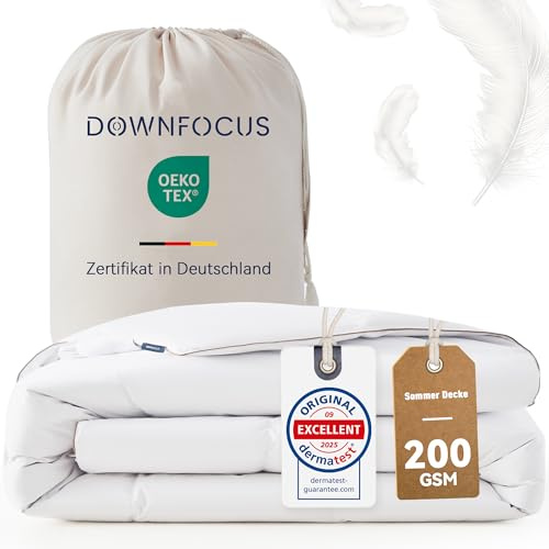 DOWNFOCUS - Daunen Bettdecke I Daunendecke 135x200 I 100% extra weiche Federn & Daunen | Oeko-Tex, RDS Zertifiziert für Tierwohl (135 x 200 cm, Leichte Sommerdecke)