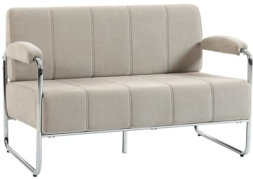 HOMCOM Divano 2 Posti Imbottito in Ciniglia con Doppie Cuciture, Divanetto da Salotto Moderno con Braccioli e Gambe in Acciaio, per Soggiorno, Ufficio e Camera da Letto, 120x73x76 cm, Beige