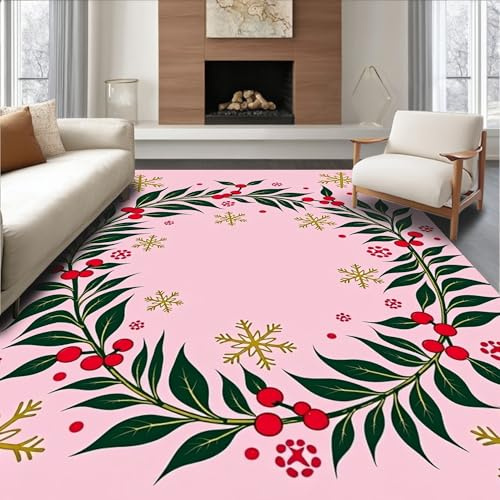 ODIKA Flatwoven High Traffic Area Rug 8x10, Holly Berry Wreath Punch Needle Kit with Festive Snowflake Motifs, Non Slip, Stain Resistant, Washable Area Rugs for Living Room, Bedroom (Pink, 8x10, Pad)
