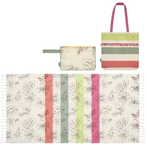 THUN - Ensemble sac, pochette et serviette de plage Eleganza Exotique - 100% coton, 90x170cm, sac 40x40, pochette 25x30