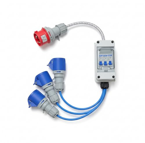 16A 5 Pin to 3 x 16A 3 Pin 230V MCB Splitter Distribution Box – 415V 3 Phase to Single Phase Adaptor – Type C MCB Protection – Industrial IEC 60309 Site Power Lead