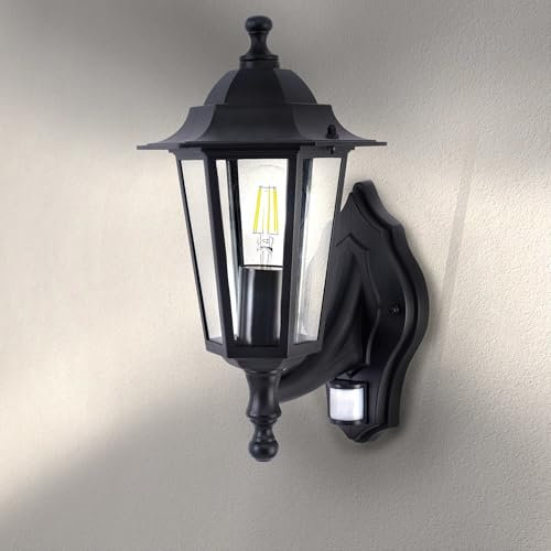 Ledvion - Lampada da Parete LED con Sensore di Movimento, Attacco E27, IP44, Nero & Classica, Lampada da Esterno, Illuminazione Giardino