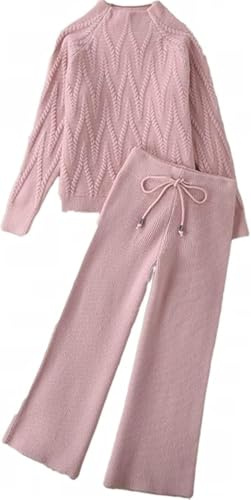 Hotgreenpepper Otoño Invierno Mujeres Tejer 2 Piezas Conjunto Femenino O-Cuello De Punto Jersey Ancho Pantalones De La Pierna Traje, rosa, M