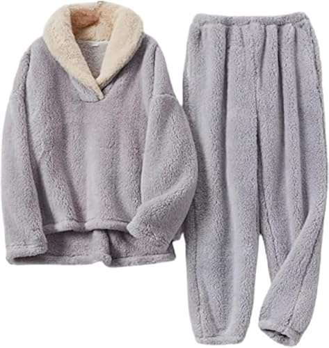 eBoutik - Women's Fluffy Sherpa Fleece Twosie Pyjama Set – Supersoft Loungewear for Winter – Xmas Thick Warm Teddy Fleece PJs – Christmas Cozy Ladies Gift - UK 12 Grey Large
