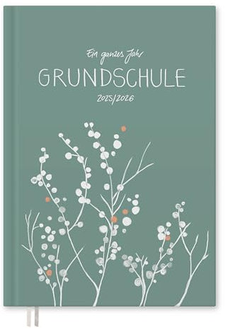 Eine der Guten Lehrerkalender 2025 2026, A4 Grundschulplaner, 1 Doppelseite pro Woche, Hardcover Schulplaner für Schuljahr 25/26, Mint Weiß mit Blumen, FSC Papier
