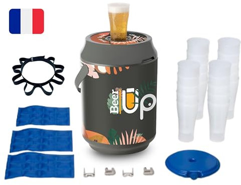 BEER UP PLUS décor Lifestyle Tireuse à bières portative - 20 verres + Ceinture porte verres - fûts Beertender - 20h de froid sans électricité - remplissage par le fond des verres