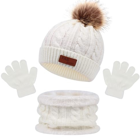 MAILEKT Gorro y Bufanda niño, Conjunto gorro y bufanda niña, 3en1Juego de Gorro, Bufanda y Guantes de Invierno 2-6 Años, Blanco