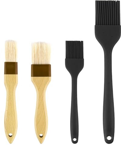 4pz Pennello da Pasticceria, Pennello in Silicone Pennelli per Alimenti Pennello con Setole con Manico in Legno di Faggio per Cucina Grigliate Olio Salsa Burro (Nero)