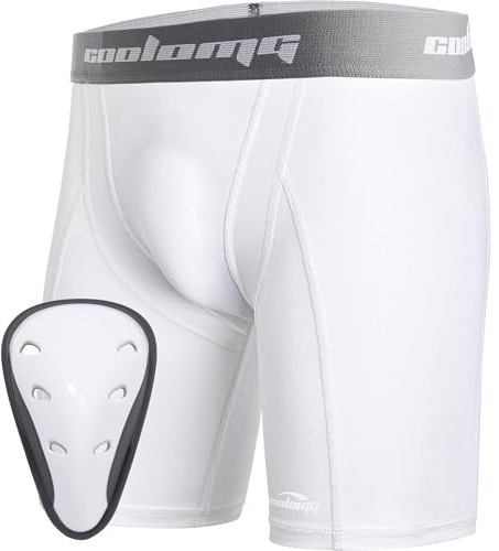 COOLOMG Pantaloni a compressione con sospensorio e protezione inguinale da uomo con conchiglia per arti marziali, pallamano, calcio, taekwondo, bianco, M