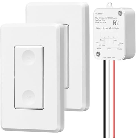 DEWENWILS Wireless Light Switch and Receiver Kit, 15A High Power, 100FT RF Range, 3 Way Remote Control Wall Switches for Lamps, Ceiling Lights, Fans, 2 Transmitter+1 Receiver, Neutral Wire Needed