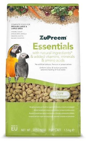 ZuPreem Essentials Alimento para Aves de Compañía - Ingredientes Naturales - Pienso para Pájaros Indicado para Loros Grises, Guacamayos, Cacatúas, Caiques y Pájaros Medios-Grandes y Grandes - 1,5 kg