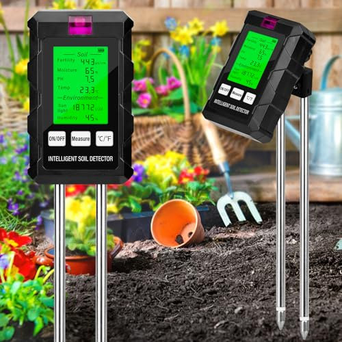 6 in 1 Misuratore PH Terreno Misuratore del Suolo con Fertilità del Suolo Luce Solare PH Umidità Ambientale Temperatura Sensore Umidità Terreno Display LCD per Agricoltura Giardinaggio Piante in Vaso
