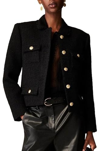 Chaquetas de Tweed Cortas para Mujer sin Cuello abotonadas Blazer de Negocios Casual con Bolsillos, Negro, L