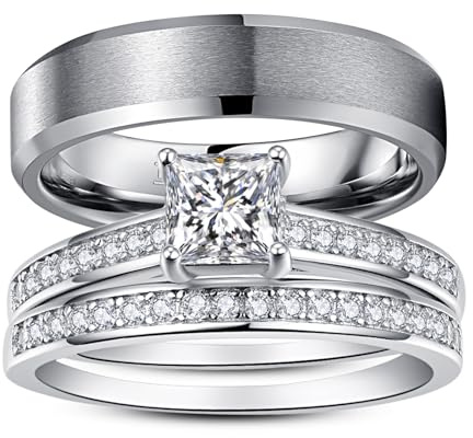 Corato Promise Rings for Couple - Princess Cut Fake Engagement Ring Set & Men's Tungsten Ring - Wedding Rings for Him and Her Women 8+ Men 12
