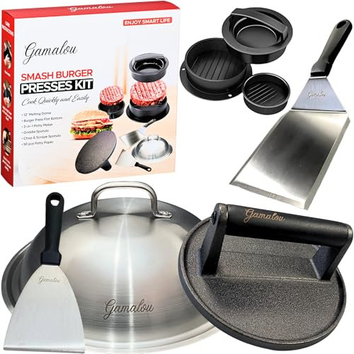 Gamalou® Smash Burger Press Kit: 7 Cast Iron Grill Press, 12 Melting Dome, 3-in-1 Patty Maker, 4.3 Spatula & 4 Scraper, Griddle Accessories for Blackstone, Grills, Flat Top, BBQ, Fry Pan